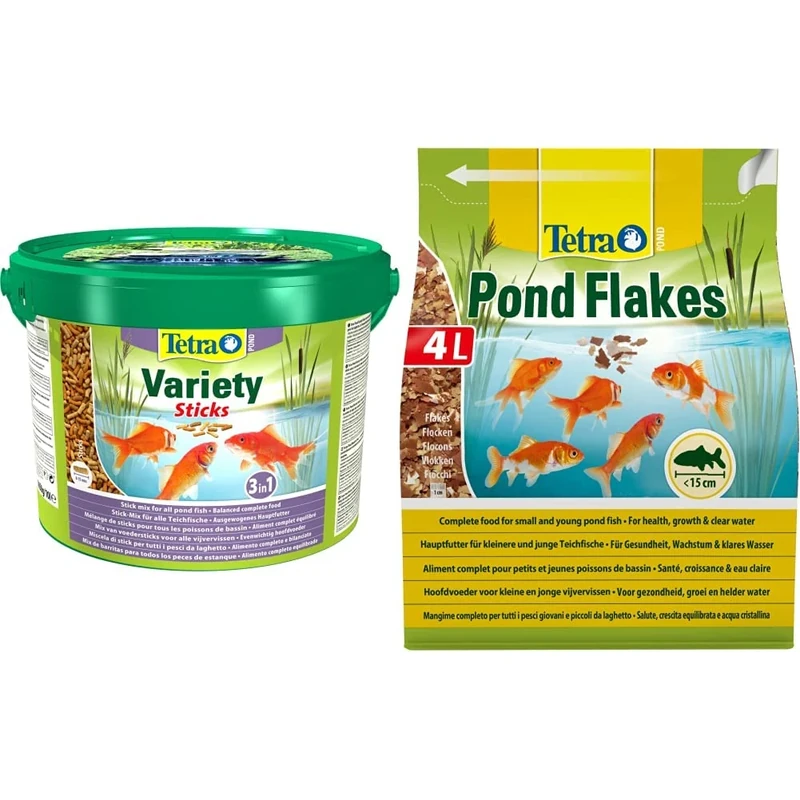 Tetra Pond Variety Sticks Fish Food, Mix of Three Different Food Sticks for All Pond Fish, 10 Litre & Pond Flake, Complete and Varied Fish Food for Young and Small Pond Fish, 4 Litre