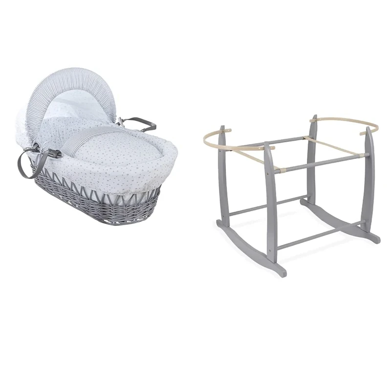 Clair de Lune Stars and Stripes Grey Wicker Moses Basket inc. bedding, mattress & adjustable hood (Grey) & Deluxe Rocking Moses Basket Stand