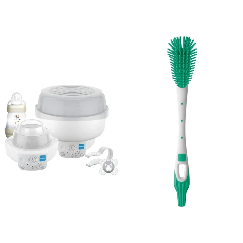 MAM Electric Baby Bottle Steriliser & Express Bottle Warmer; with 6 Functions – Includes 1x 160 ml Easy Start Anti-Colic Bottle & Soft Baby Bottle Brush, Teat Brush with Hanging Hole for Easy Storage
