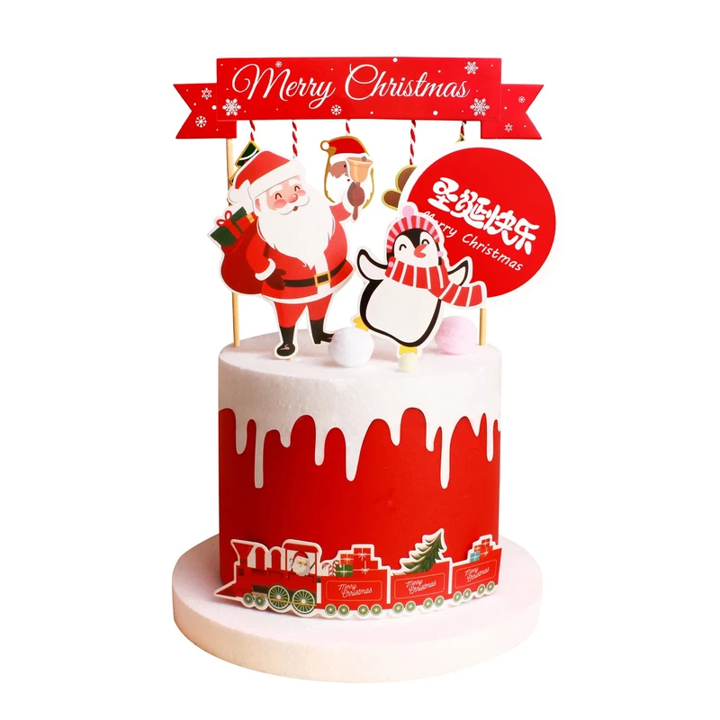 Blumomon 5Pcs Merry Christmas Cake Toppers Decorations Set DIY Penguin Santa Claus Christmas Cake Banner Cupcake Toppers For Winter Xmas Holiday Frozen Party Supplies