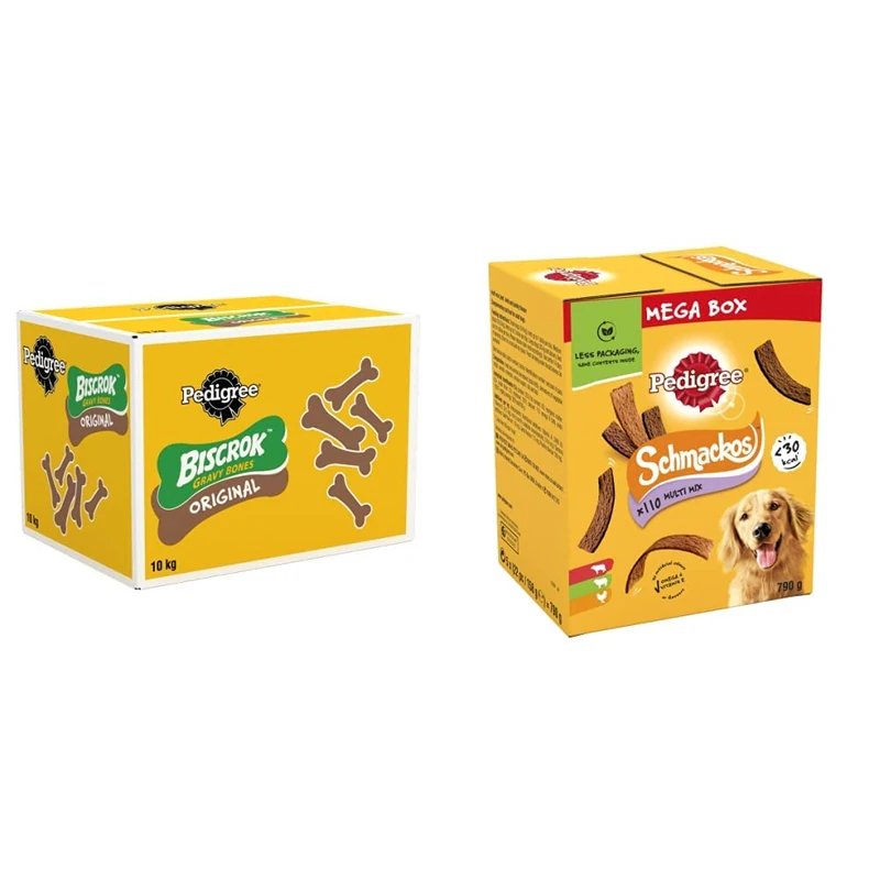 Pedigree Biscrok Gravy Bones Biscuits Dog Treats 10kg & Schmackos Dog Treats Meat Variety 110 Stick 110 Stick