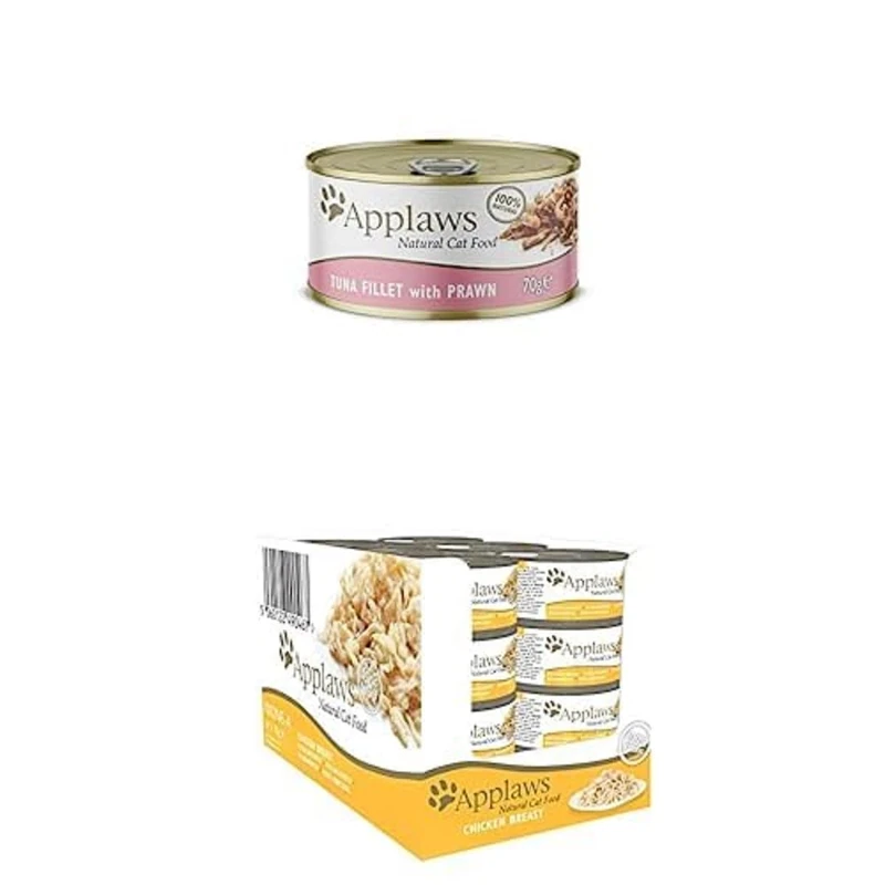 Applaws 100% Natural Wet Cat Food Tuna Fillet and Pacific Prawn, 24 x 70 g Tins & 100% Natural Wet Cat Food, Chicken Breast in Broth 70 g Tin, 24 x 70 g Tins