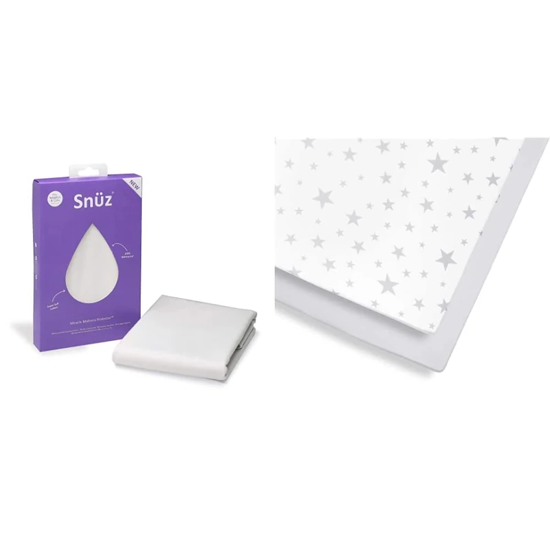 SnüzKot Waterproof Mattress Protector – 68 x 118cm – 100% Waterproof with Moisture-Wicking Cotton Surface & Cot and Cot Bed Fitted Sheet, Grey Star, Grey/White, 390 g,BD028CB