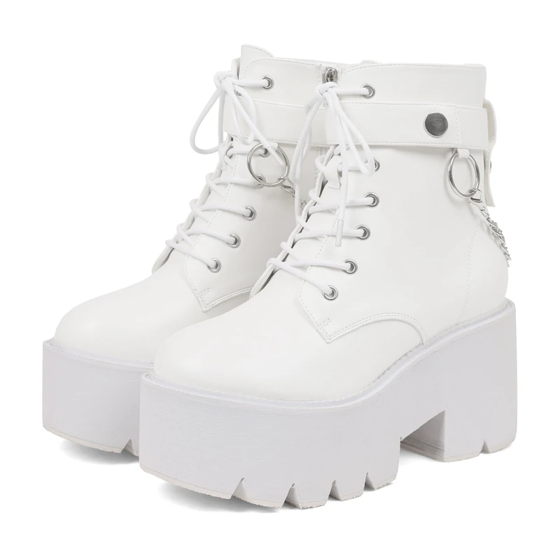 CYNLLIO Fashion Block Heel Platform Combat Ankle Booties Women's Lace up Studded Motorcycle Boots Mid Calf Boots, 94-1 White, 6.5 UK - Image 1