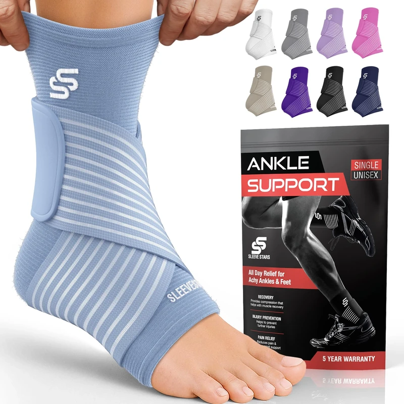 SS Sleeve Stars Ankle Brace - Compression Sleeve with Strap, Light Blue
