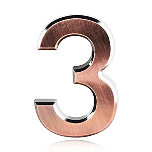3 Inch Front Door Numbers, 3D Self Adhesive House Numbers Plaques Waterproof Mailbox Signage DIY Chrome Polished Address Numbers Sign for Home Office Hotel Apartment Door Room Wall, Copper (3)