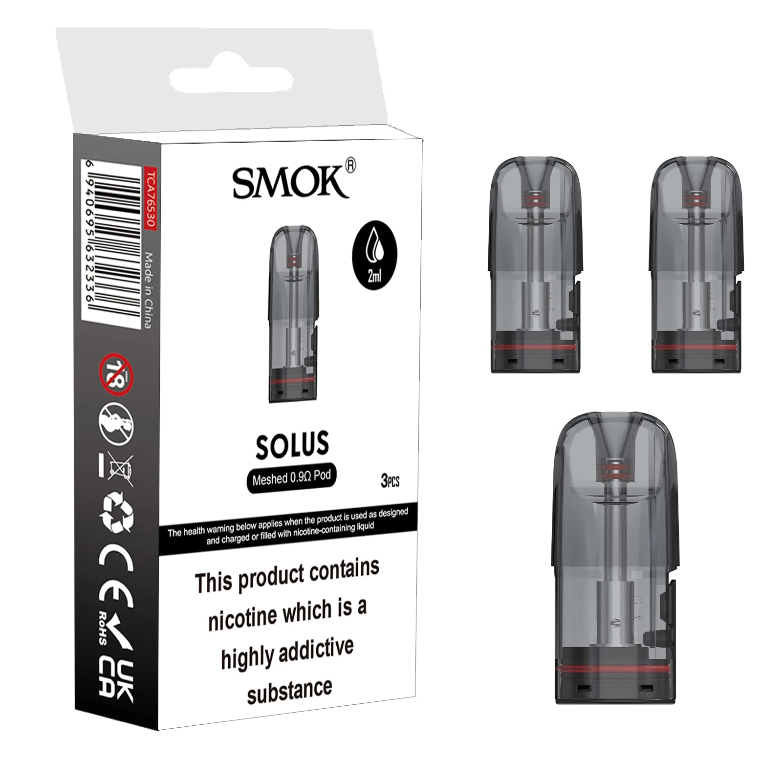 SMOK Solus Replacement PODs, 0.9 Ohm, Mesh, 2mL Capacity, Refillable Pod for Solus Kit, Leak-Resistant, Mesh Coil Design, SMOK Vaping PODs, Pack of 3, No Nicotine