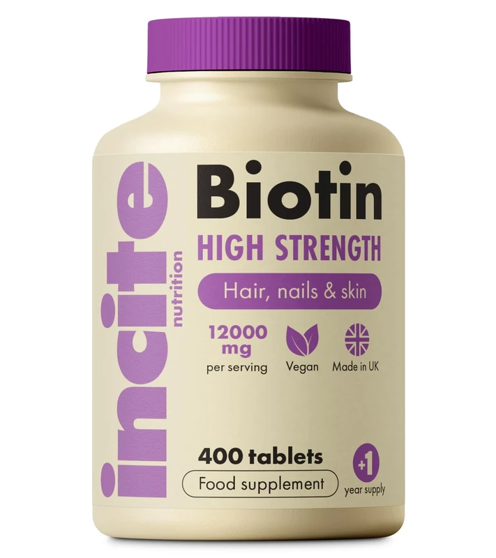 Incite Nutrition Biotin Hair Growth Support Supplement 12,000mcg - 400 Tiny 6mm Tablets (Full Year Plus Supply) - for Men & Women