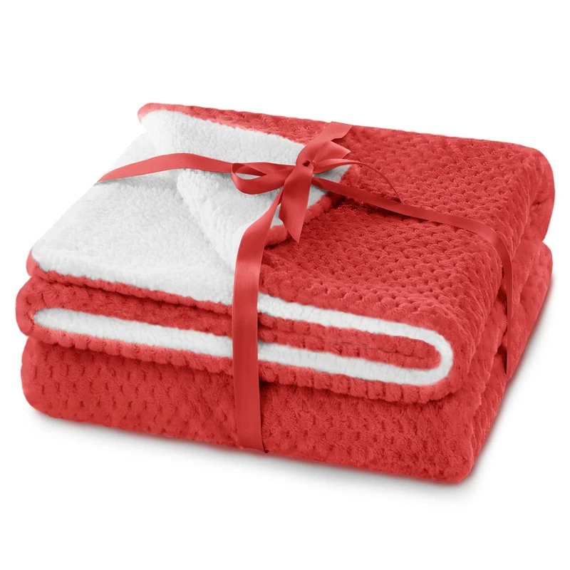 AmeliaHome Cuddly Blanket 220 x 240 cm Delicate Quilted Sherpa Lambskin Look Blanket Shleepy Red