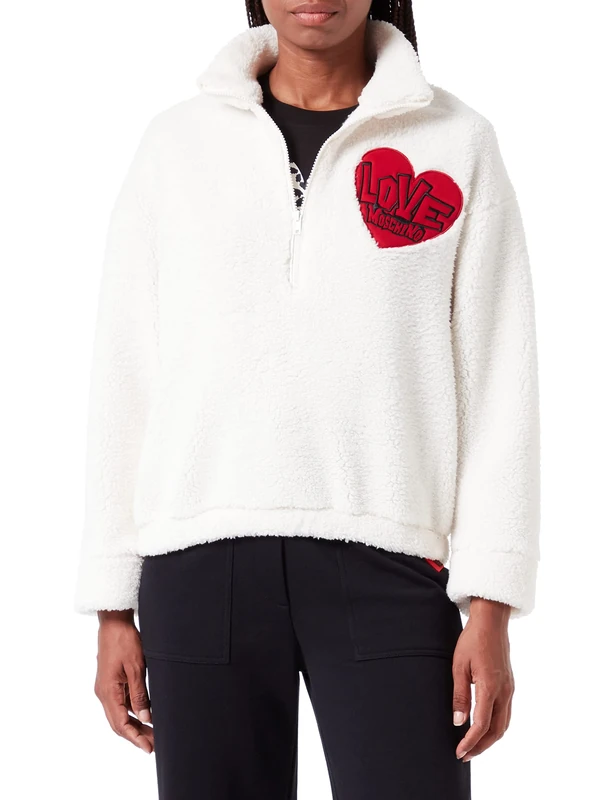 Love Moschino Women's Zipped Collar in eco Teddy Fur with Heart Patch. Sweatshirt, Cream, 46