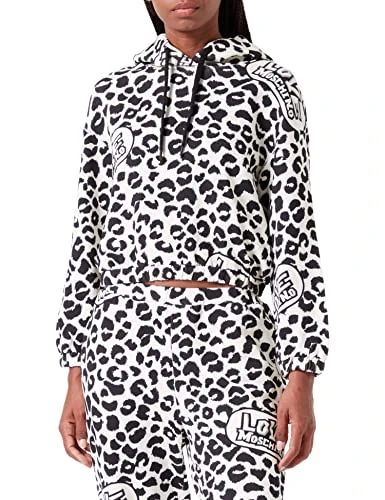 Love Moschino Women's Long Sleeves with Hoodie and Elastic at Hemswith Brand Animal All-Over Print Sweatshirt, LEOLOVE F.Panna, 40