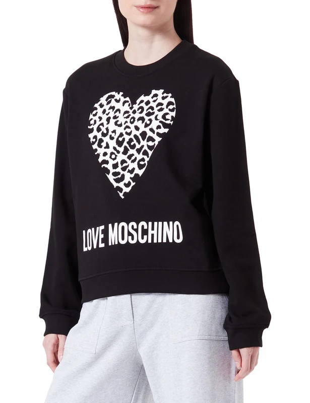 Love Moschino Women's Regular fit with Maxi animalier Heart and Logo. Sweatshirt, Black, 44
