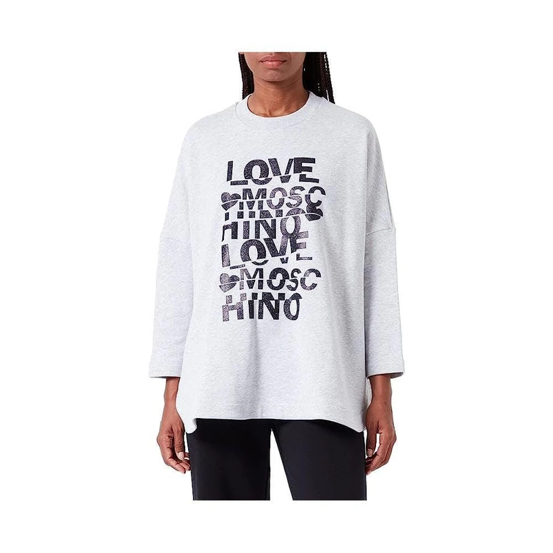 Love Moschino Women's Oversized Round Neckwith Glitter Cut and Paste Effect Brand Print. Sweatshirt, Melange Light Grey, M