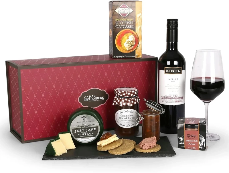 Cheese and Wine Hamper - Red Wine and Cheese Hamper - Merlot, Cheddar Cheese, Chutney, Oatcakes & Pate - Gift for Men, Birthday Gift Hampers for Women, Red Wine Gift Set - by Hay Hampers