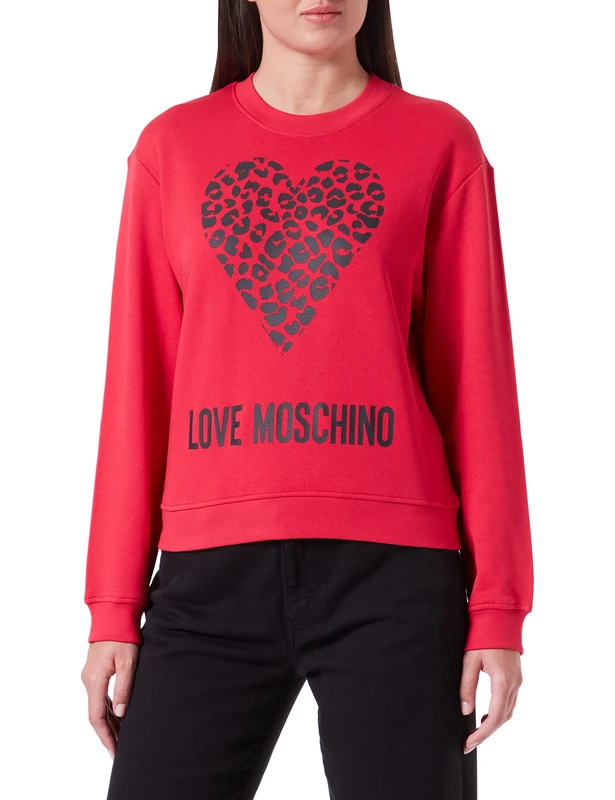 Love Moschino Women's regular fit with maxi animalier heart and logo. Sweatshirt, Red, 48