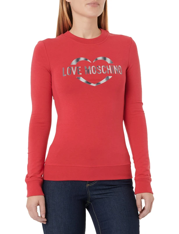 Love Moschino Women's Slim fit Long Sleeves Crew-Neck with Brand Heart olographic Print. Sweatshirt, Red, 46