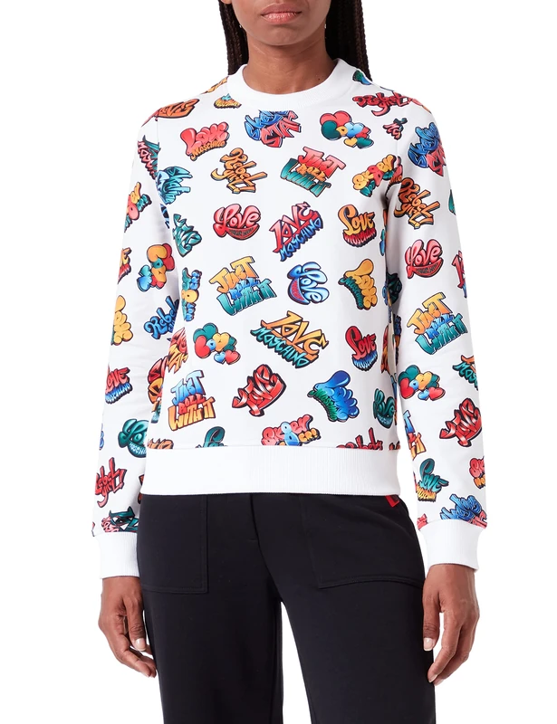 Love Moschino Women's Long Sleeves Crew-Neck Brand Printed Fleece Sweatshirt, Graffiti Bianco, 38 - Image 1