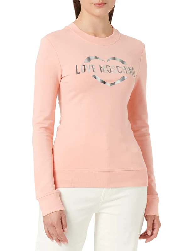 Love Moschino Women's Slim Fit Long Sleeves Crew Neck with Brand Heart Organic Print Sweatshirt, Pink, 44