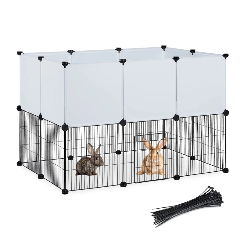 Relaxdays Free-Range Enclosure for Small Pets, HxWxD: 72.5 x 110 x 74 cm, Extendable Metal Cage, Plug-In, Black/White