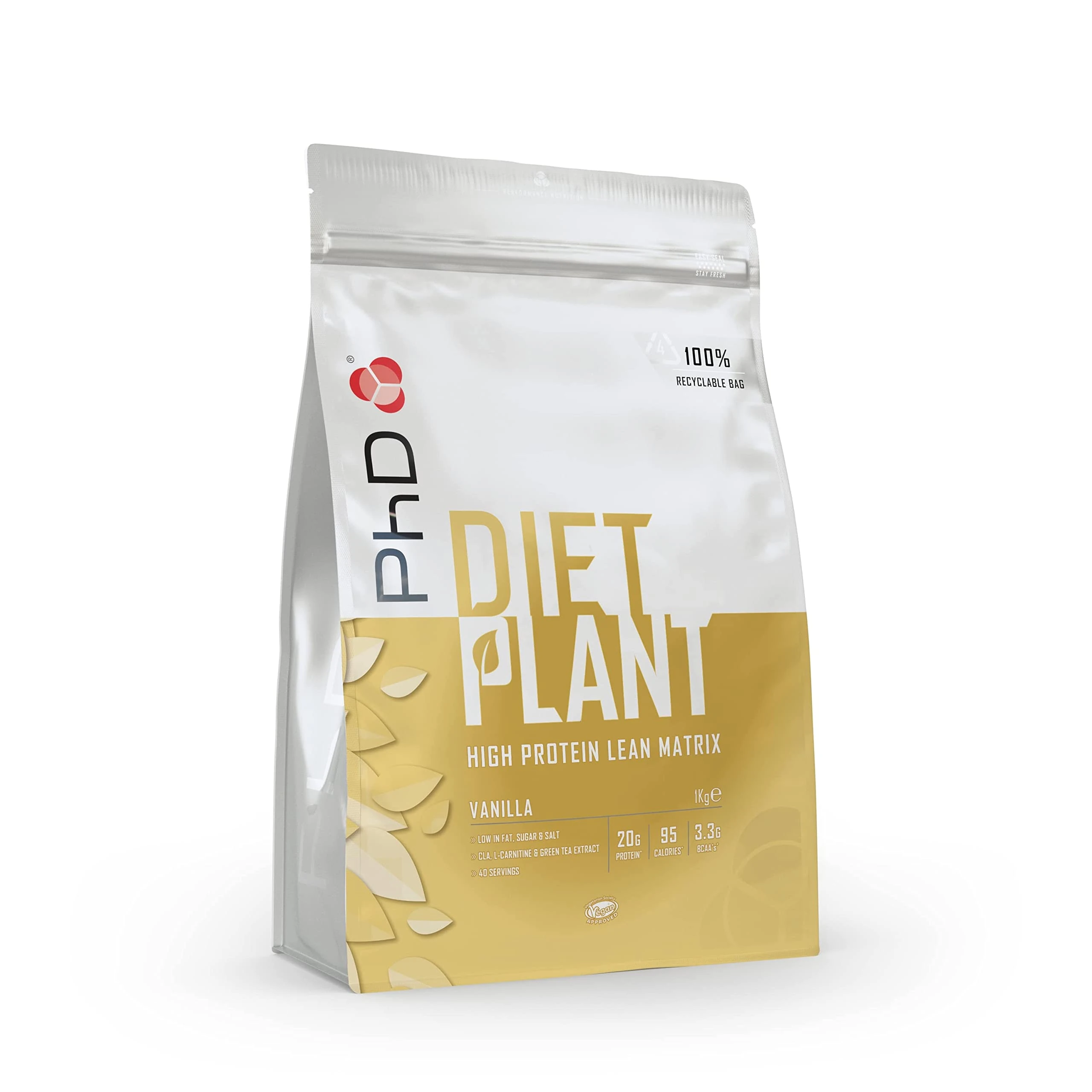 PhD Nutrition Diet Plant, Vegan Protein Powder Plant Based, Vanilla, High Plant Protein, 40 Servings Per 1 Kg Bag