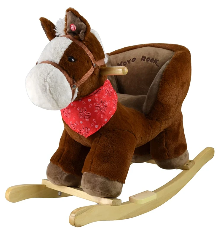 Sport1 rocking pony with sounds. Rocking horse for children +10 months in plush and wood. Sound effects. Children swing 68 x 33 x 50 cm. Comfort seat with integrated backrest. Brown