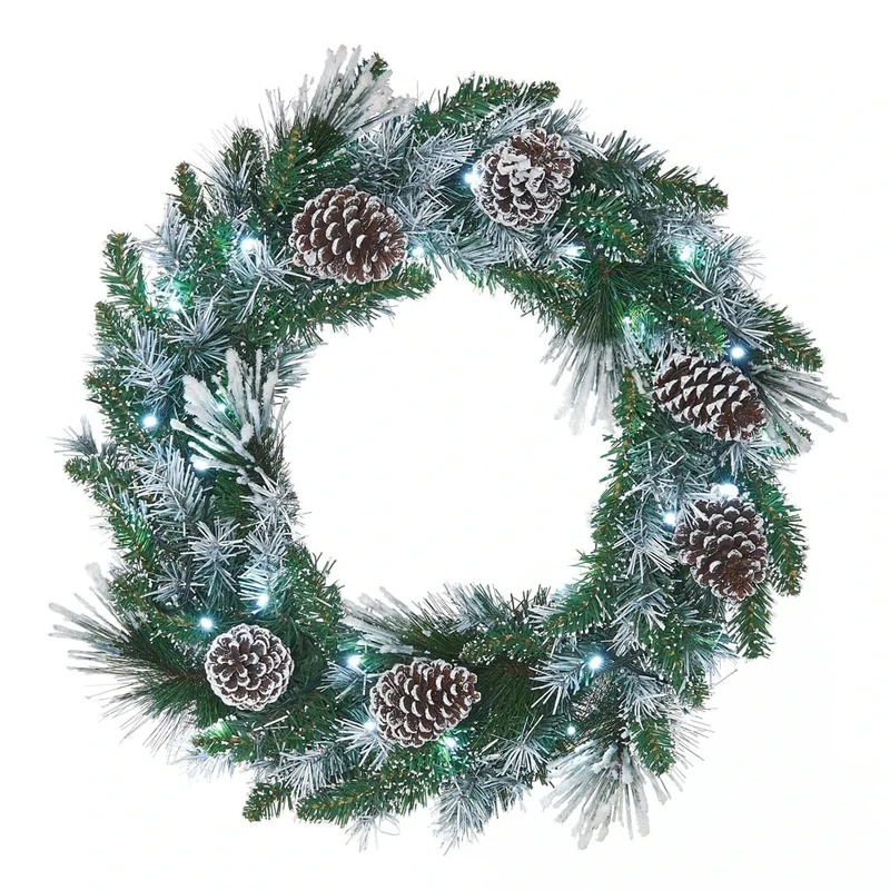 Pre-Lit Snow Flocked Wreath with Pinecones, 50 Warm White LEDs, 24 inch / 60 cm