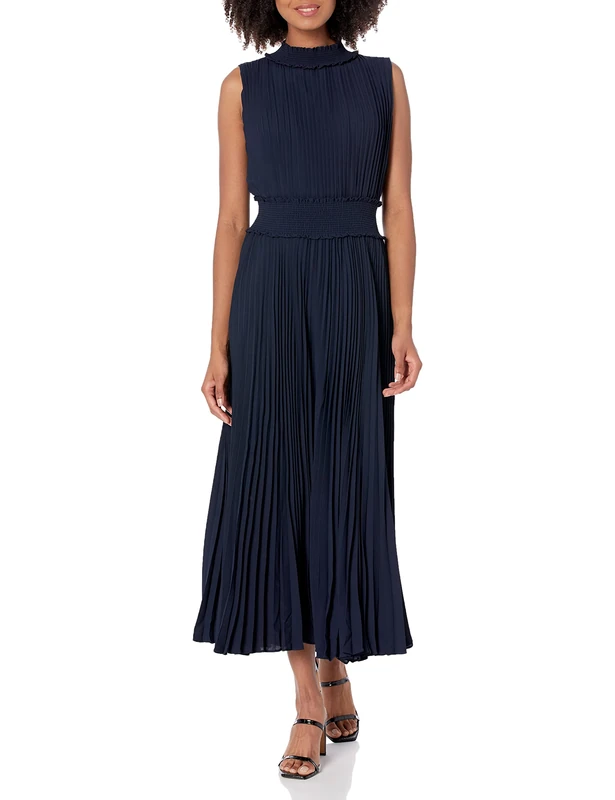 Nanette Nanette Lepore Women's Smocked High Neck Pleated Maxi Dress, Nanette Navy, 18