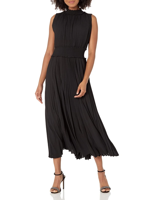 Nanette Nanette Lepore Women's Smocked High Neck Pleated Maxi Dress, Black, 8 - Image 1