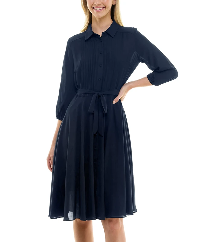 Nanette Nanette Lepore Women's Elbow Sleeve Pintuck Shirt Dress with Self Lining, Nanette Navy, 14
