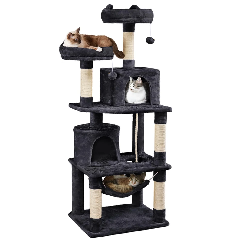 Yaheetech 158cm Multi-level Cat Tree Tower Large Kitten Scratching Posts with Condos/Perches/Hammock Broad-space Kitten Activity Centre, Black