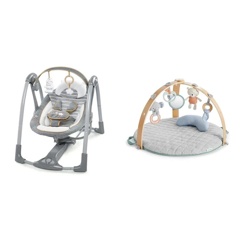 Ingenuity, Swing 'n Go Portable Swing - Boutique Collection - Bella Teddy & Cosy Spot Reversible Duvet Activity Gym, Loamy