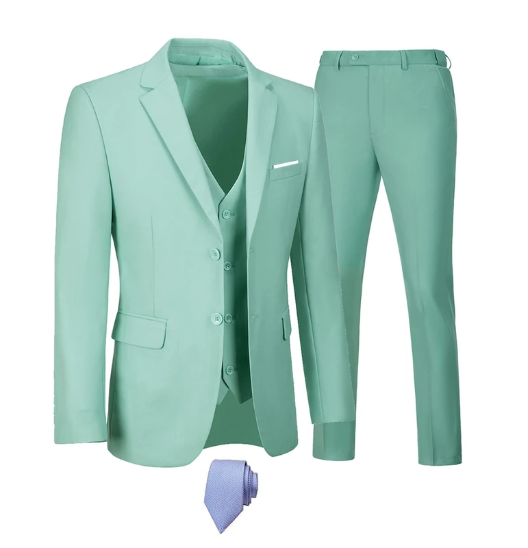 Furuyal Men's Suits 3 Piece Slim Fit Suit Set,Two Button Wedding Business Tuxedo Solid Blazer Jacket Vest Pants with Tie, Mint, XL