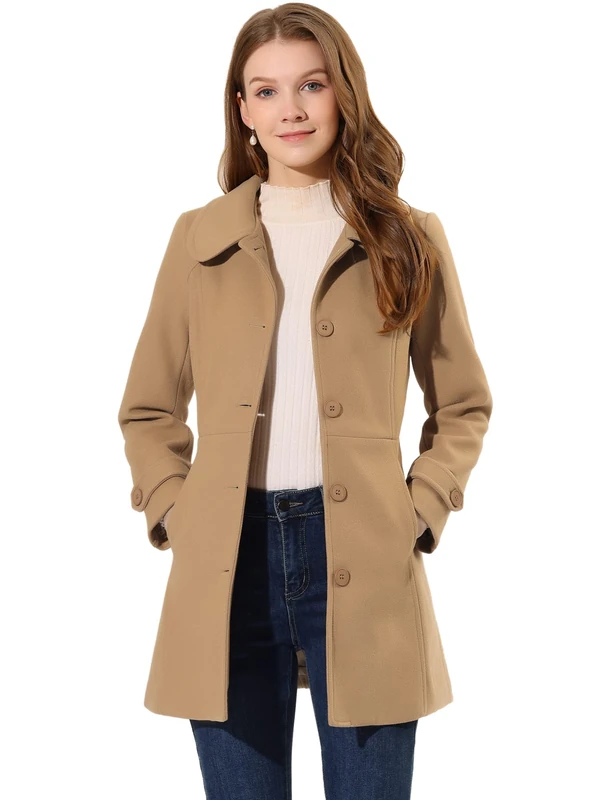 Allegra K Women's Peter Pan Collar Overcoat Winter Buttoned Single Breasted Long Coat, Khaki, L