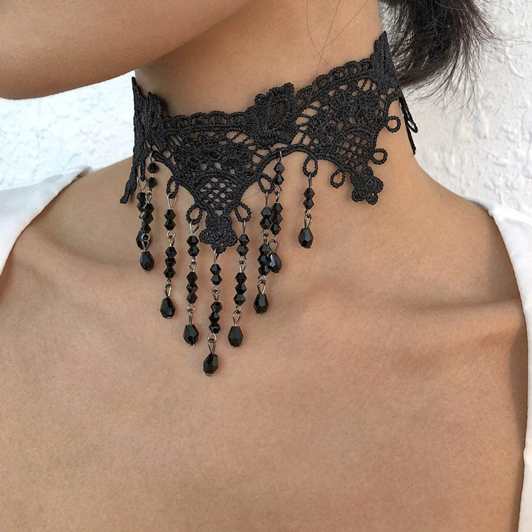 Handcess Black Lace Choker Necklace Rhinestone Tassel Necklaces Gothic Hollow Flower Collar Jewelry Accessories for Women.