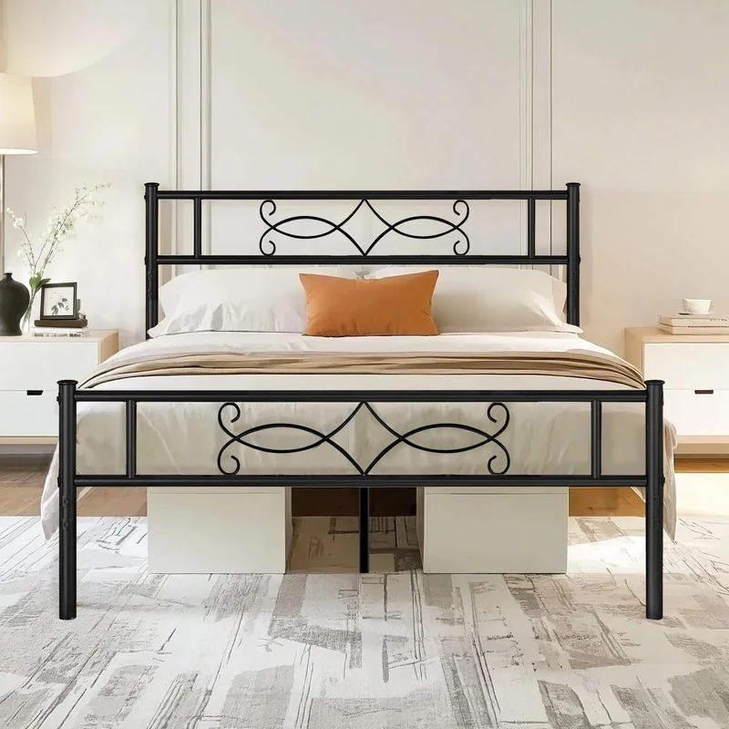 VECELO 4ft6 Double Metal Bed Frame with Headboard & Footboard, Premium Steel Slat Support, No Box Spring Needed Noise-Free Anti-Slip, Easy Assembly, Black