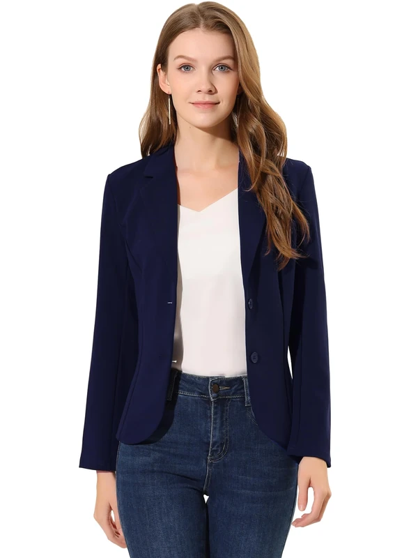 Allegra K Women's Work Office Blazer Stretch Lapel Collar Long Sleeve Jacket Suit Blazer, Navy Blue, XL