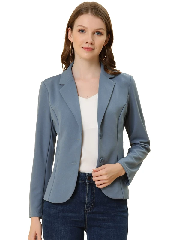 Allegra K Women's Work Office Blazer Stretch Lapel Collar Long Sleeve Jacket Suit Blazer, Gray Blue, M