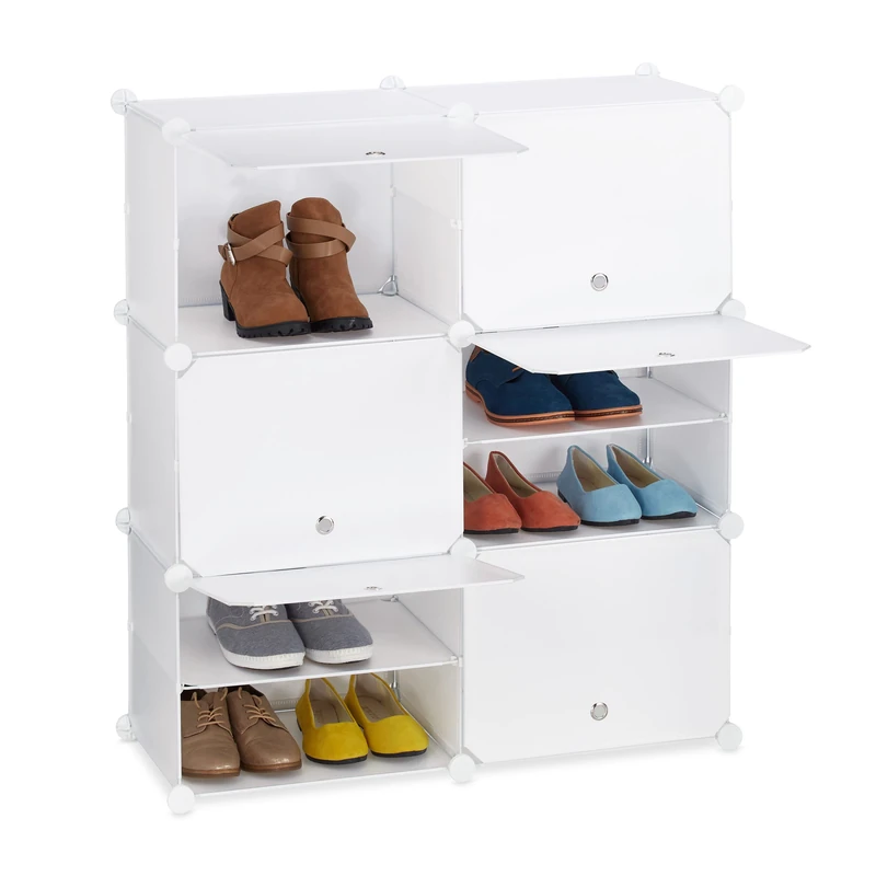 Relaxdays Shoe Cabinet, Storage with Doors, HxWxD: 95 x 85 x 31.5 cm, 12 Compartments, Plastic Shelving System, White, 95 x 85 x 31.5cm