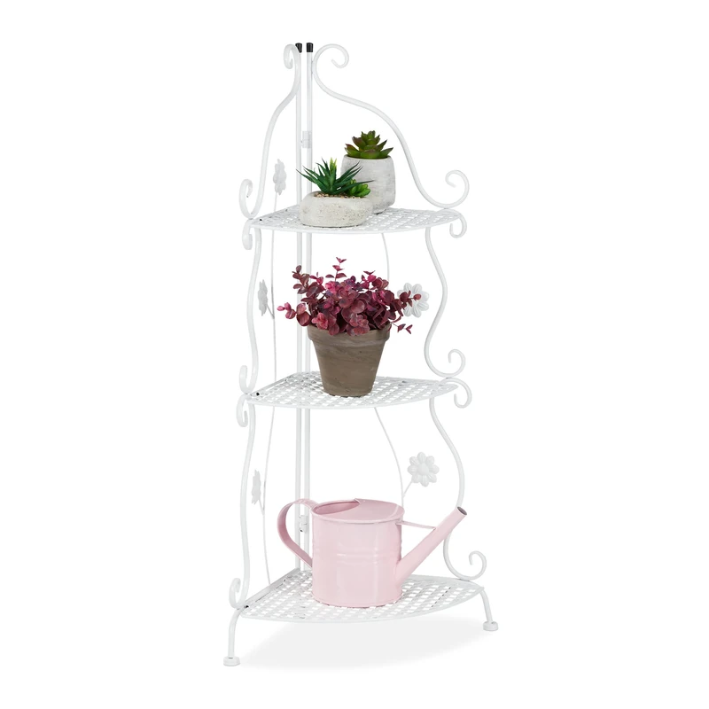 Relaxdays Metal Plant Stand, 3 Tiers, Decorative Rack, Indoor & Outdoor, HxWxD: 82.5 x 31 x 31 cm, Corner Shelf, White