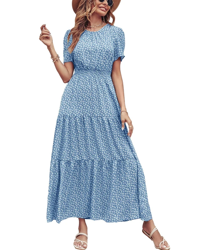 PRETTYGARDEN Women's Summer Casual Short Flutter Sleeve Round Neck Smocked Waist Tiered Boho Floral Flowy Maxi Dress, Leaves Sky Blue, Large