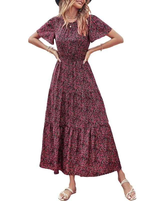 PRETTYGARDEN Women's Summer Casual Short Flutter Sleeve Round Neck Smocked Waist Tiered Boho Floral Flowy Maxi Dress, Floral Black and Red, Medium