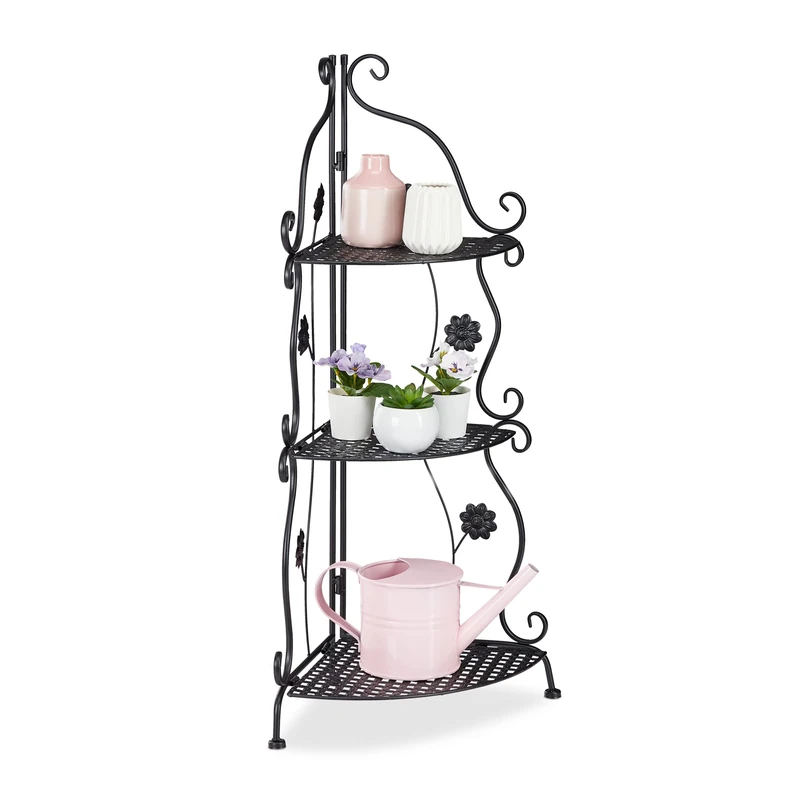 Relaxdays Metal Plant Stand, 3 Tiers, Decorative Rack, Indoor & Outdoor, HxWxD: 82.5 x 31 x 31 cm, Corner Shelf, Black