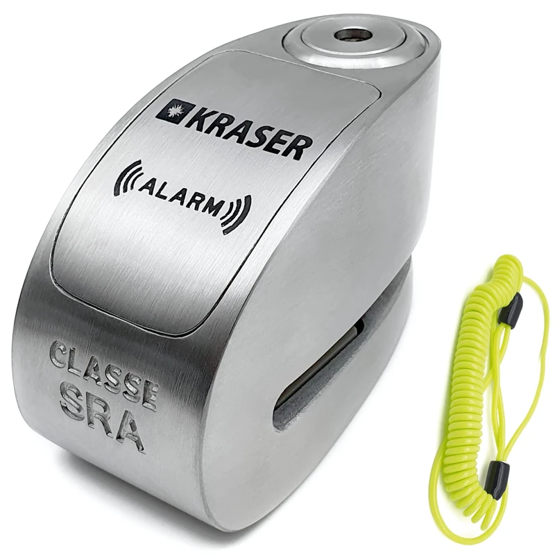 KRASER KR10S Alarm Disk Lock Approved SRA, Optional 120dB Alarm ON/Off, Double Locking ø10mm, High Security Anti-Picking, Stainless Steel Anti Theft Wheel Brake Lock for Scooter Motorcycle