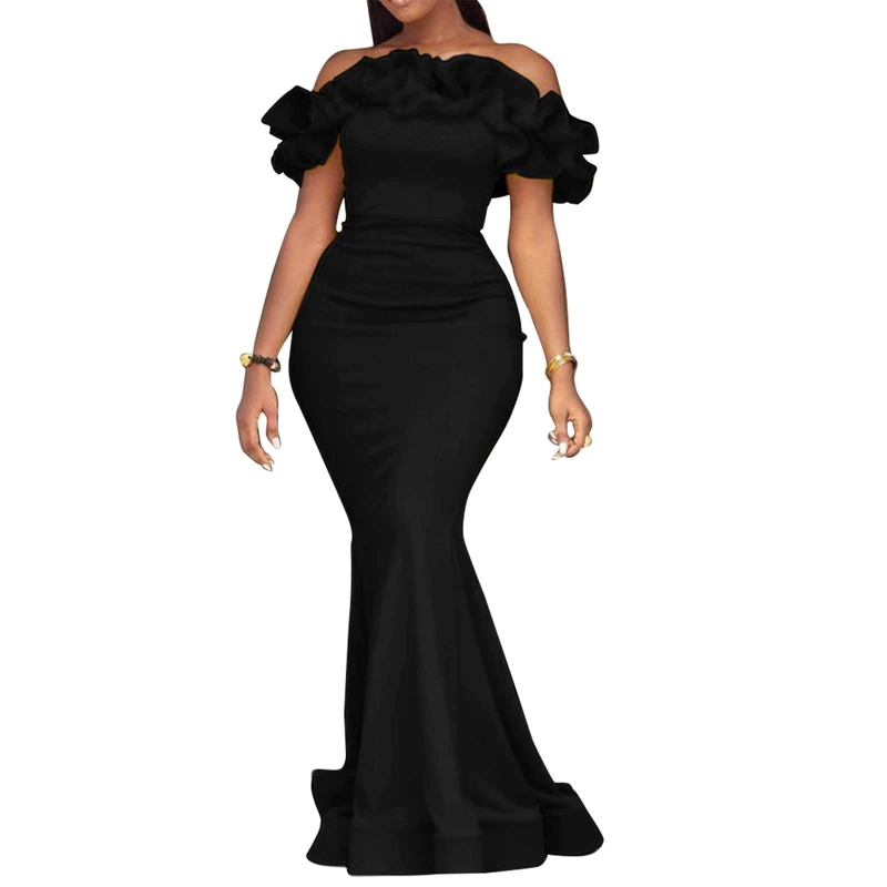 Cololura Sexy Floor Length Off Shoulder Ruffle Stringy Selvedge Mermaid Bodycon Party Evening Maxi Dress, Black, M