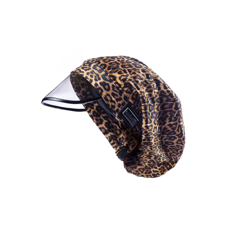 Hairbrella 100% Waterproof Rain Hat, Satin-Lined Cap, UV Sun Protection, Full Hair Coverage, Packable Travel Accessory (Leopard)