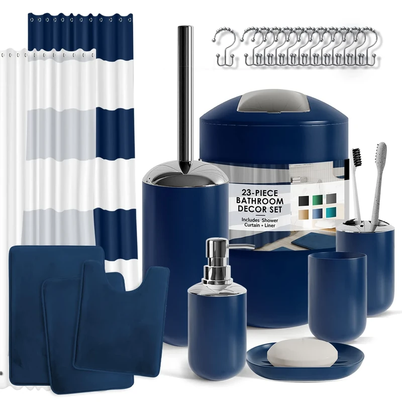 Clara Clark Navy Bathroom Accessories Set Complete with Bathroom Rugs Set and Shower Curtain Set, 12 Piece Bathroom Sets with Rugs and Accessories, Shower Curtain with Liner & Hooks, Bath Mat Set
