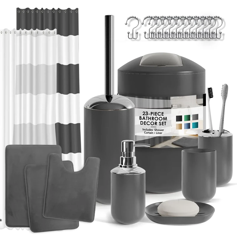 Clara Clark Gray Bathroom Accessories Set Complete with Bathroom Rugs Set and Shower Curtain Set, 12 Piece Bathroom Sets with Rugs and Accessories, Shower Curtain with Liner & Hooks, Bath Mat Set