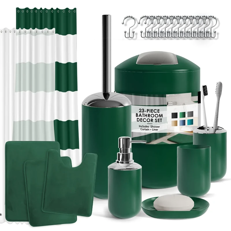 Clara Clark Bathroom Set - Green Bathroom Accessories Set, Bathroom Sets with Shower Curtain and Rugs, 23PC Shower Curtain Set with Liner, Soap Dispenser, Soap Dish, Toilet Brush Holder, and Trash Can