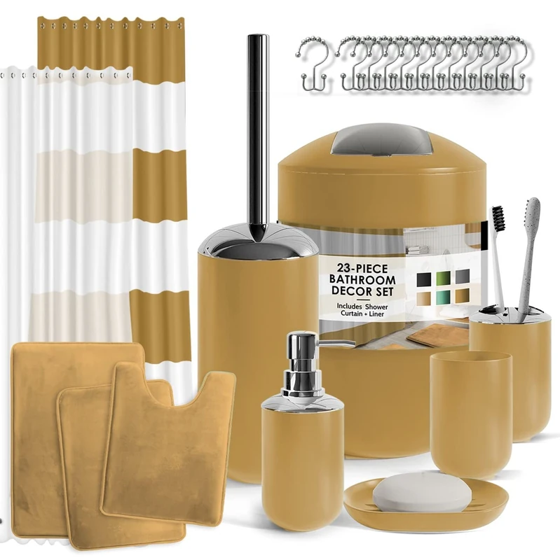 Clara Clark Bathroom Set - Gold Bathroom Accessories Set, Bathroom Sets with Shower Curtain and Rugs, 23PC Shower Curtain Set with Liner, Soap Dispenser, Soap Dish, Toilet Brush Holder, and Trash Can