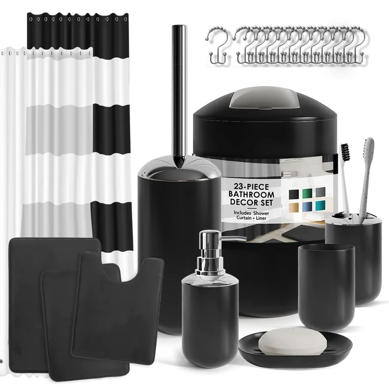 Clara Clark Black Bathroom Accessory Set - 23PC Complete Set with Bath Rugs, Shower Curtain Set, Soap Dispenser, Toilet Brush & Trash Can